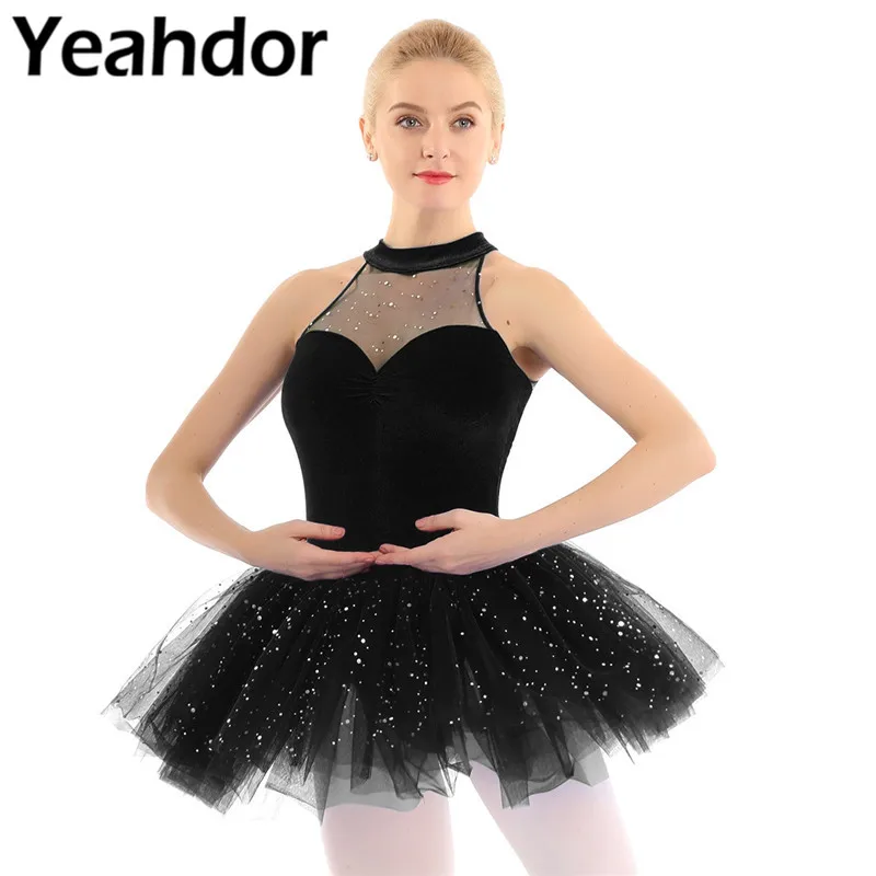 Женское бархатное балетное платье пачка без рукавов с блестками и вырезом на