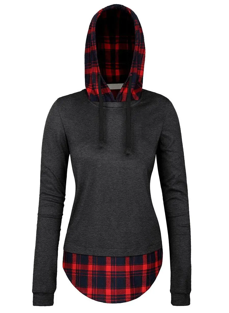 

Long Sleve Hooded Sweatshirt Women Slim Fit Red Plaid Hoodie Sweatshirts Pullover Jumpers Womens Tops