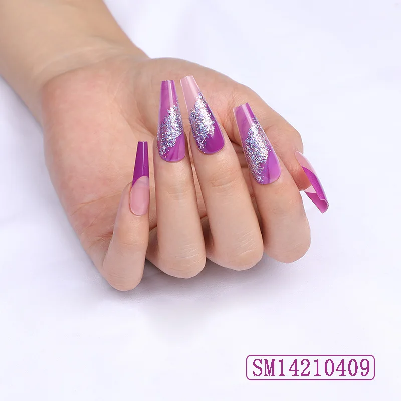 

24pcs Purple Nail Patch Glue Type Removable Long Paragraph Fashion Manicure Save Time False Nail Patch HJL2019