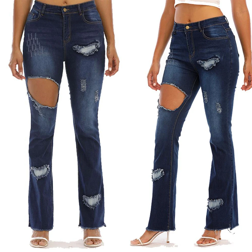 

Women Fashion Ripped Bootcut Denim Jeans Stretch Casual Long Jeans Trousers New