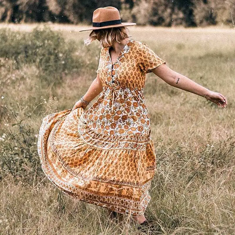 Богемный Вдохновленный желтым цветочным принтом длинное платье Бохо на