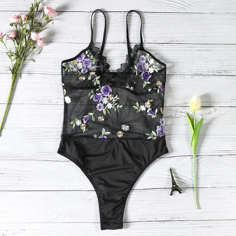 Женское боди с цветочной вышивкой ArtSu сексуальное прозрачное открытой спиной