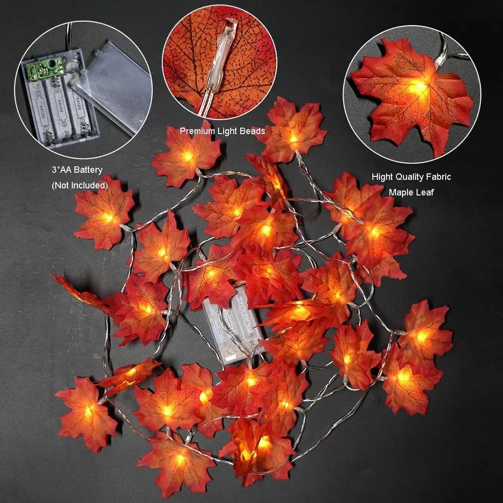 

3M LED String Lights Thanksgiving Harvest Maple Leaves Battery Powered Hanging Ornaments Light Fall Garland Party Home Decor