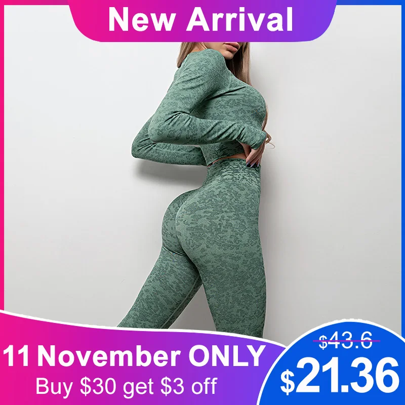 

Women Matching Sets Seamless Yoga Suits Women Camo Two Piece Long Sleeve Crop Top Workout Legging Female Outfit Fitness Wear