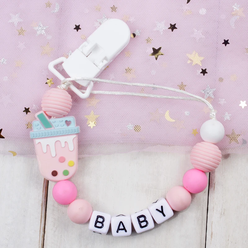 

New Safe Silicone Personalised Name Baby Pacifier Clips Crochet Beads Silicone Animal Pacifier Chain Holder Baby Gift BPA Free