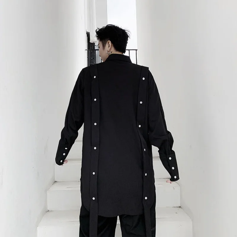 Men's Long Sleeve Shirt Spring And Autumn New Personality Detachable Button Ribbon Fashion Popular Casual Large Size Shirt