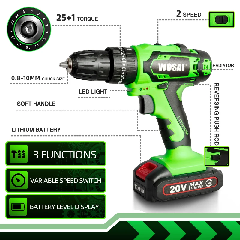 WOSAI New 20V Cordless Drill Driver Screwdriver Mini Wireless Power DC Lithium-Ion Battery 25+1 Settings Home DIY Keyless | Инструменты