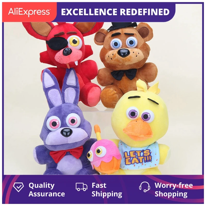 

4 шт./лот, 25 см, мягкие игрушки Fnaf, Фредди, Бонни, медведь, Фокси, Чика, плюшевая игрушка, Рождественская кукла
