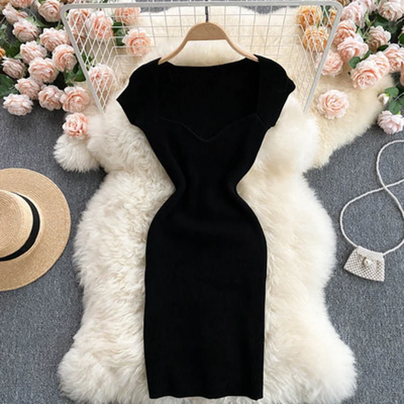 

Sexy Square Collar French Dress Y2k Street Bodycon Knit Mini Dress Casual Short Sleeve Hip Party Dress Korean Women Vestidos