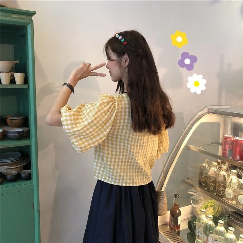 

Women Blouses Summer Plaid Drawstring Crop Top Female Sweet All-match V-neck Short Sleeve Pleated Stylish Students All-match Ins