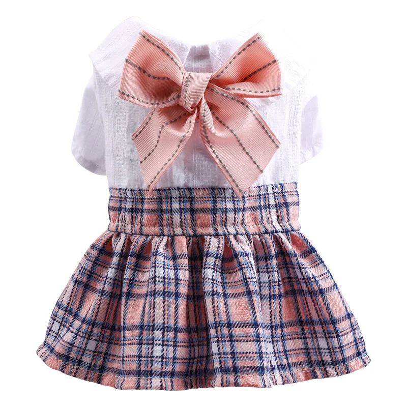 

Cute Dog Cat Clothes Pet Dress Spring Autumn Plaid Splicing wasp-waisted Dogs Skirts For Small Dogs Pink Bowknot Pet Clothing