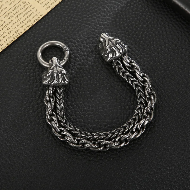 

Animal Lion Wrist Bracelet For Men Pulseras Stainless Steel Double Layers Chain Vintage Bracelet Jewelry Accessory For Mens Gift