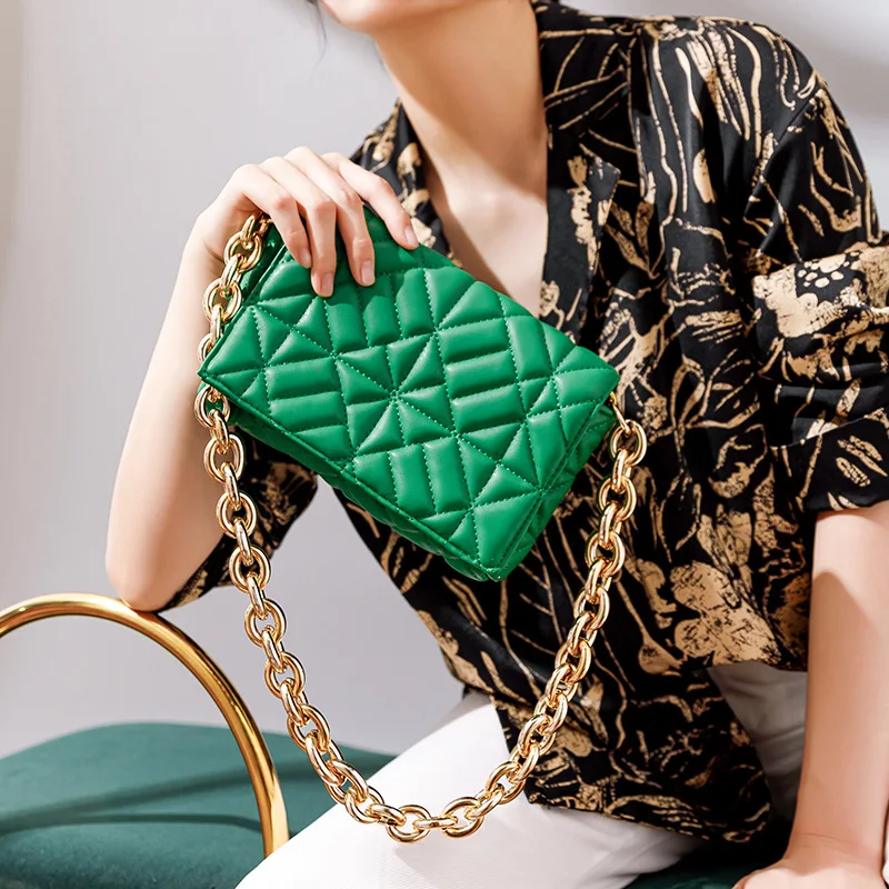 

2021 Thick Chain Handbags Luxury Pu Leather Messenger Bag Lady Small Flap Clutch Purse Design Brands Quilted Women Shoulder Bags