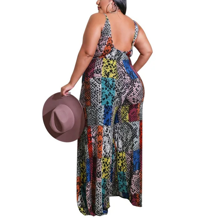 

Large Womens Jumpsuits Summer 2021 Spaghetti Strap Printed Loose Wide Leg Pants Fashion Elegant Evening Night Rompers & Jumpsuit