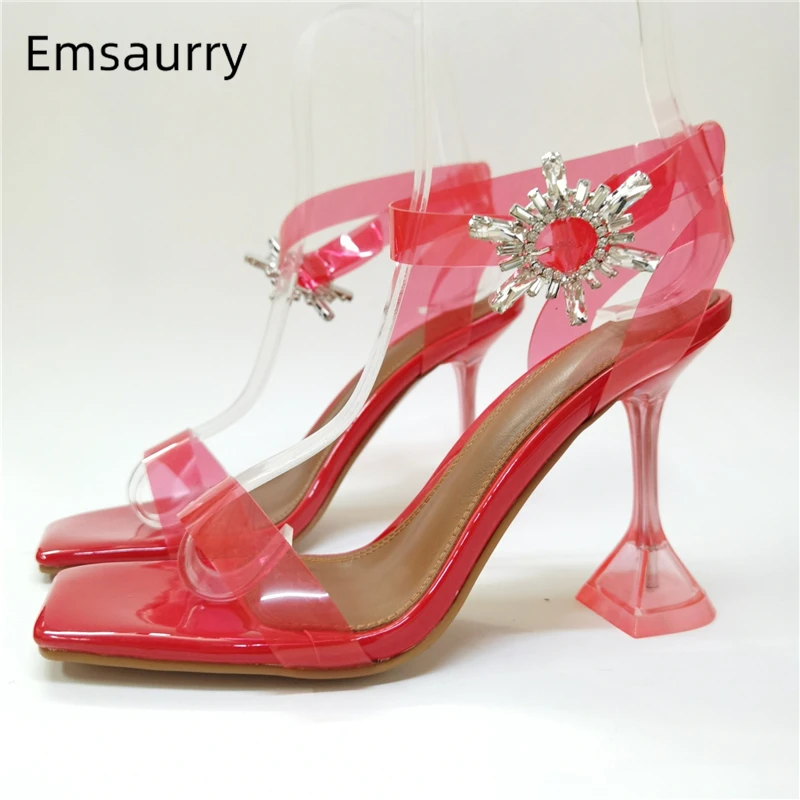 

Sexy Jelly Color PVC Sandals Women Crystal High Goblet Heel Square Open Toes Ankle Strap Diamond Buckle Belt Party Shoes Woman