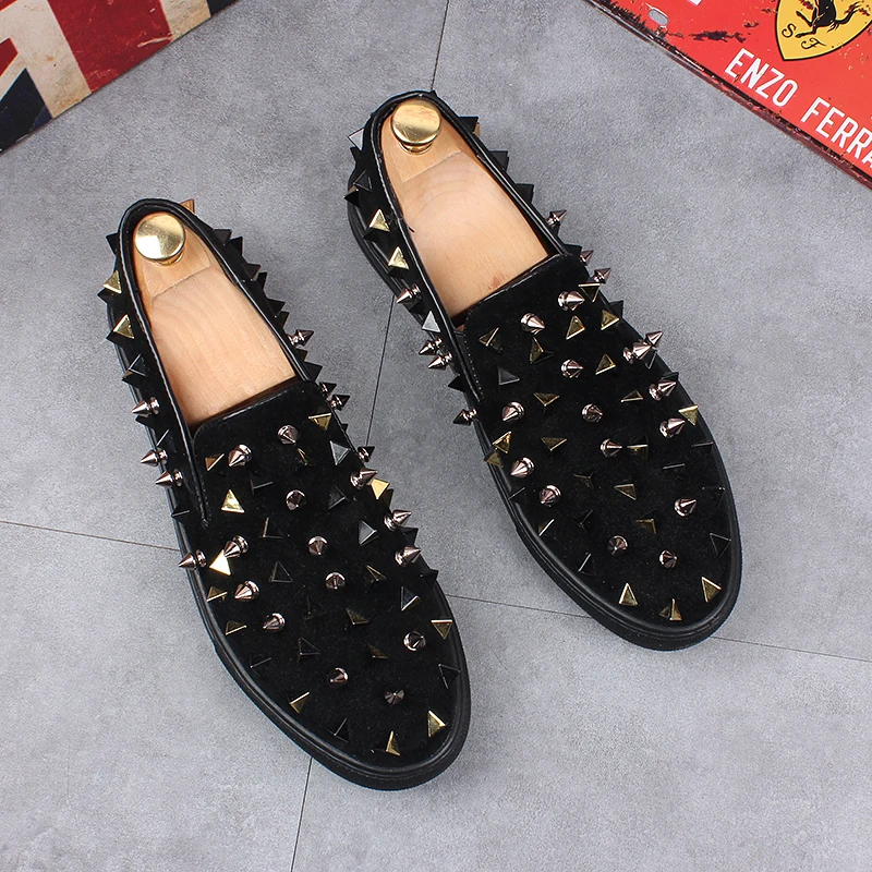 

Туфли мужские из натуральной кожи, повседневная обувь в стиле панк для ночного клуба, дышащие слипоны, с заклепками, плоская платформа, лофе...