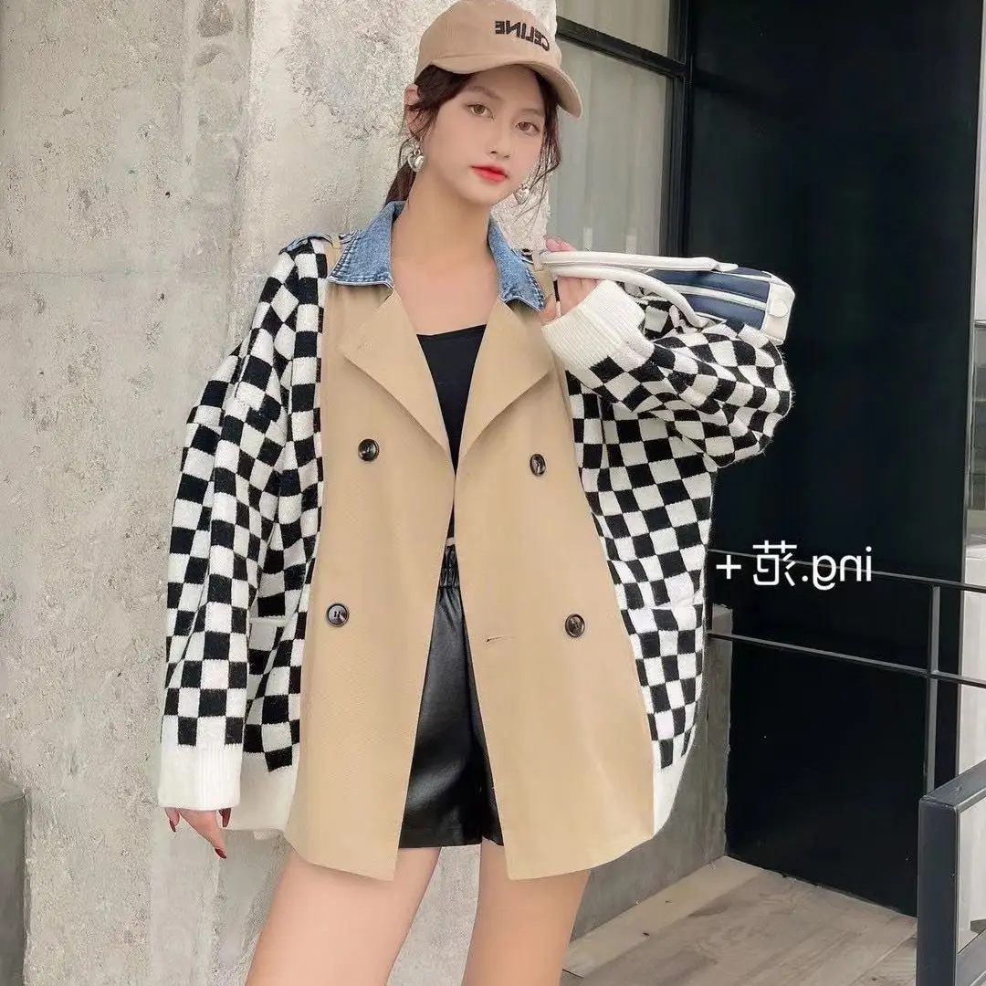 

Autumn Fashion Knitted Plaid Stitching Denim Cardigan Suit Collar Jacket Women 2021 New Loose Double Breasted Female Coat LL407