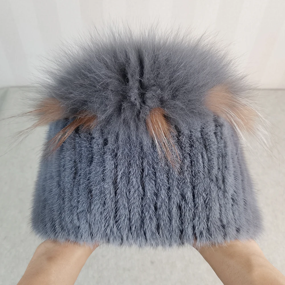 

Hot Sale Fashion Lady Real Mink Fox Hat Winter Warm Women Knitting Caps Mink Hats Vertical Weaving With FOX Fur On The Top