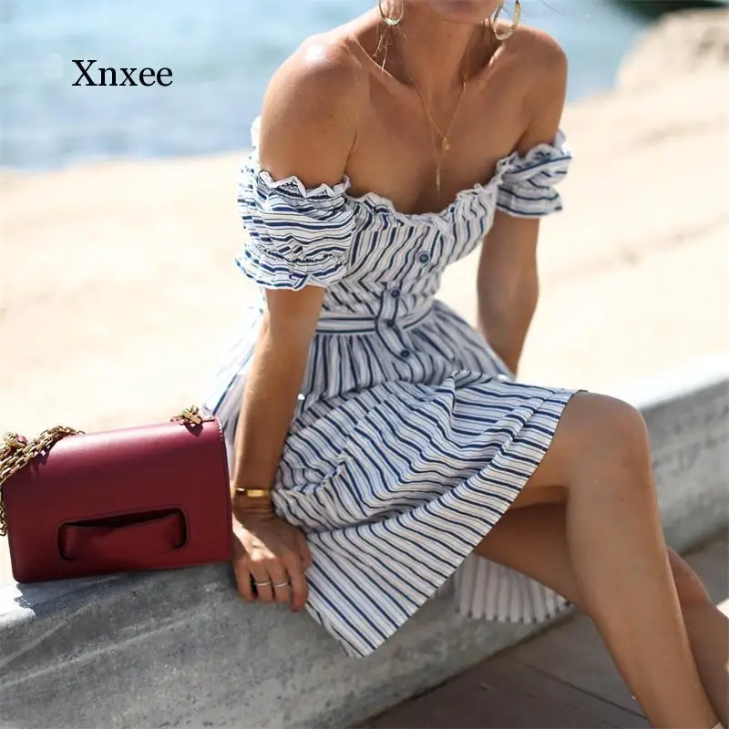 

Blue White Vertical Stripes Style Slash Neck Dress Stringy Selvedge Off Shoulder Summer Sexy Backless Holiday Woman Dresses