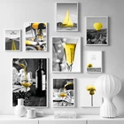 Абстрактный постер с черным и желтым миром, желтый пейзаж, бокал шампанского, Картина на холсте для гостиной, дома, декор Куадрос