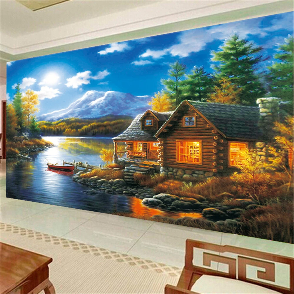 5D DIY алмазная живопись на берегу озера дом пейзаж Полный Круглый Алмазная вышивка