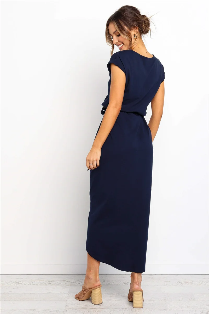 

Women Casual Dress Summer O Neck Short Sleeve Button Bandage Irregular Long Dress Sexy Female Slim Split Elegant Dress With Belt