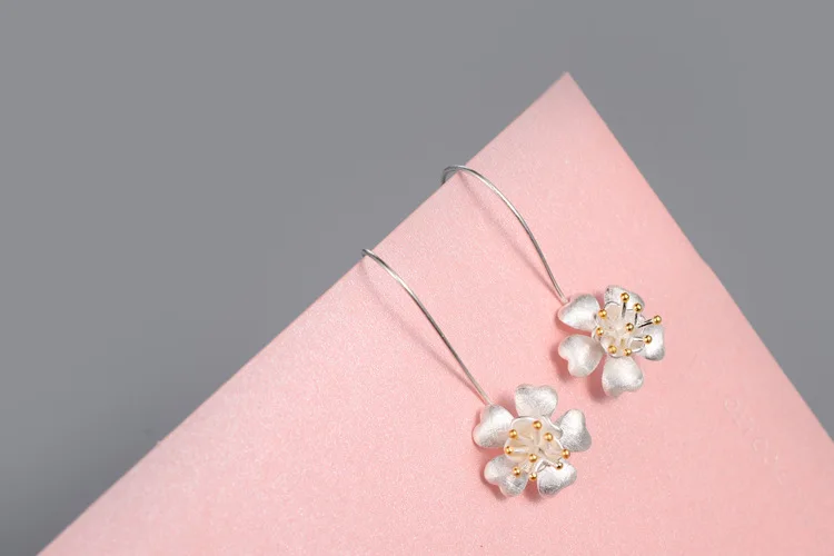 

925 Sterling Silver Long Flower Earrings For Women Lovely Girls Gift Statement Jewelry Pendientes Plata 925