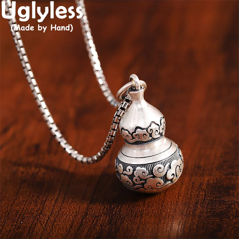 

Uglyless Opening Gourd Necklaces for Women Vintage Thai Silver Ethnic Lucky Clouds Jewelry 999 Pure Silver Sachet Pendants+Chain