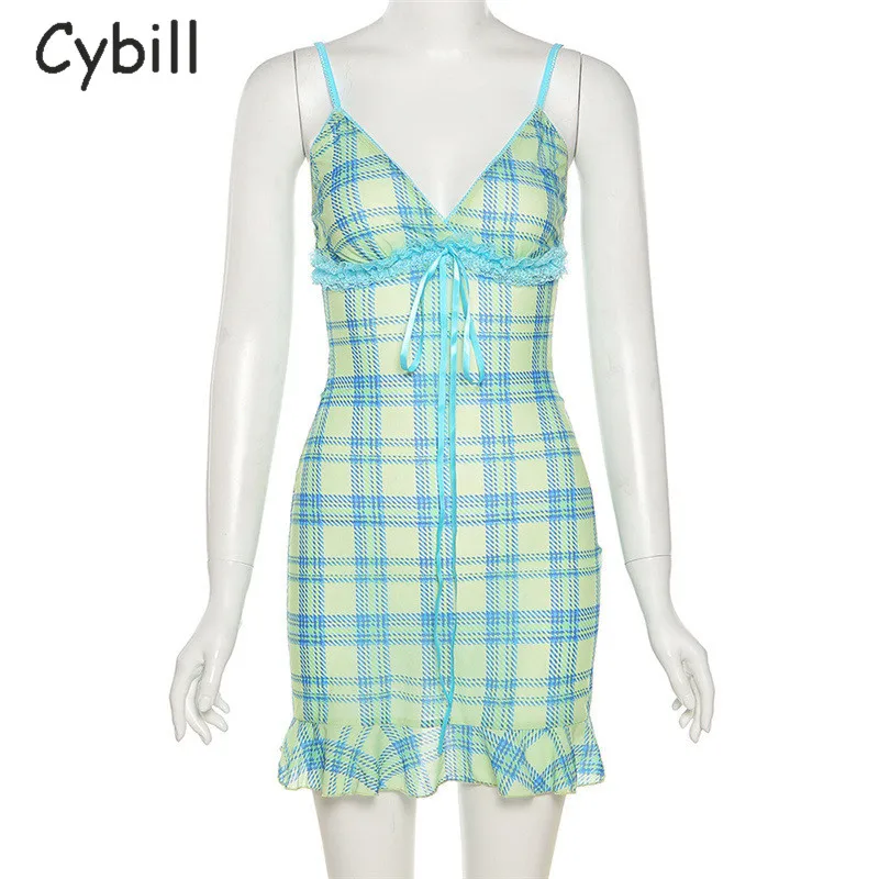 

Cybill Y2K Plaid Mini Summer Dress Deep V Short Ruffle A-Line Dress Spaghetti Strap Beach Holiday Dresses Women