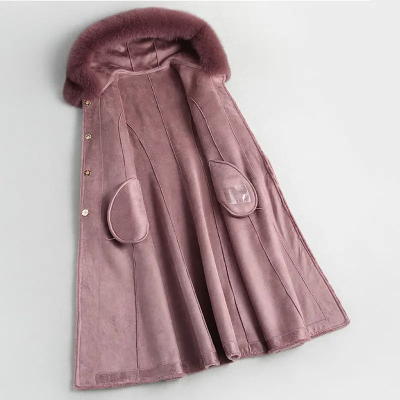 

2020 New Winter Women Korean Luxury Real Fur Coat Female Genuine Fox Fur Collar Hooded Natural Sheep Shearing Long Overcoat H170