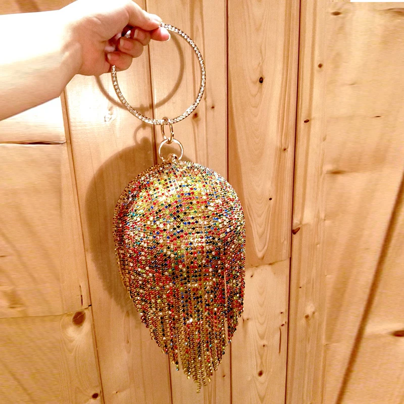 

Tassel Rhinestones Women Evening Bags Circular Shaped Day Clutch Handle Ball Fashion Handbags With Chain Shoulder Purse
