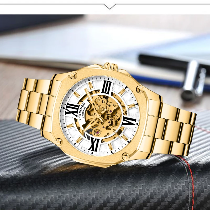 Top Brand WINNER Mens Automatic Watch Golden Hollow Skeleton Stainless Steel Watches Male Waterproof Mechanical Clock Dropship | Наручные