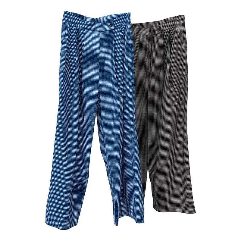 

2020 Women Summer Fashion New 100% Cotton Wide Leg Plaid Pants Female Loose Casual Brand Trousers Ladies High Waist Pants ML437