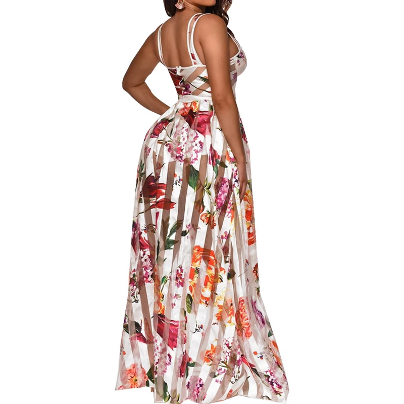 

Women Sexy Sleeveless Strap Maxi Dress Summer Female Fashion Backless Floral Print Long Dress Hight Waist Party Club Dresses
