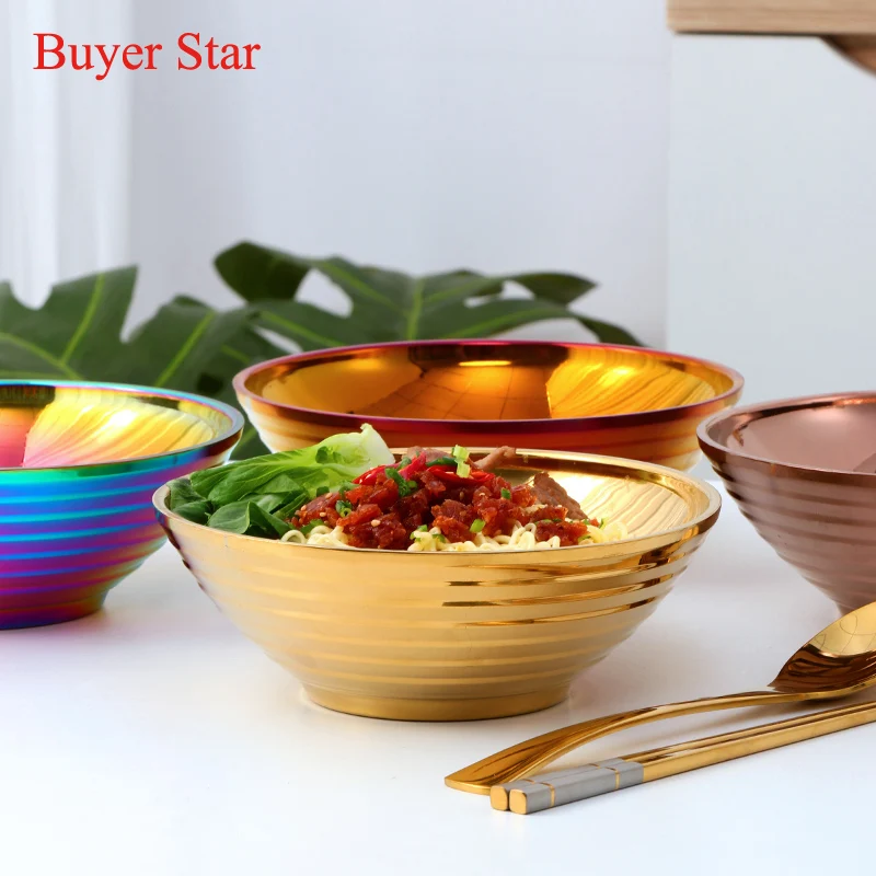 

Stainless Steel Round Noodle Food Bowl Double Layer Anti-scalding Tableware for Hot Pot Dumpling Sauce Soup Rice Big Ramen Bowl