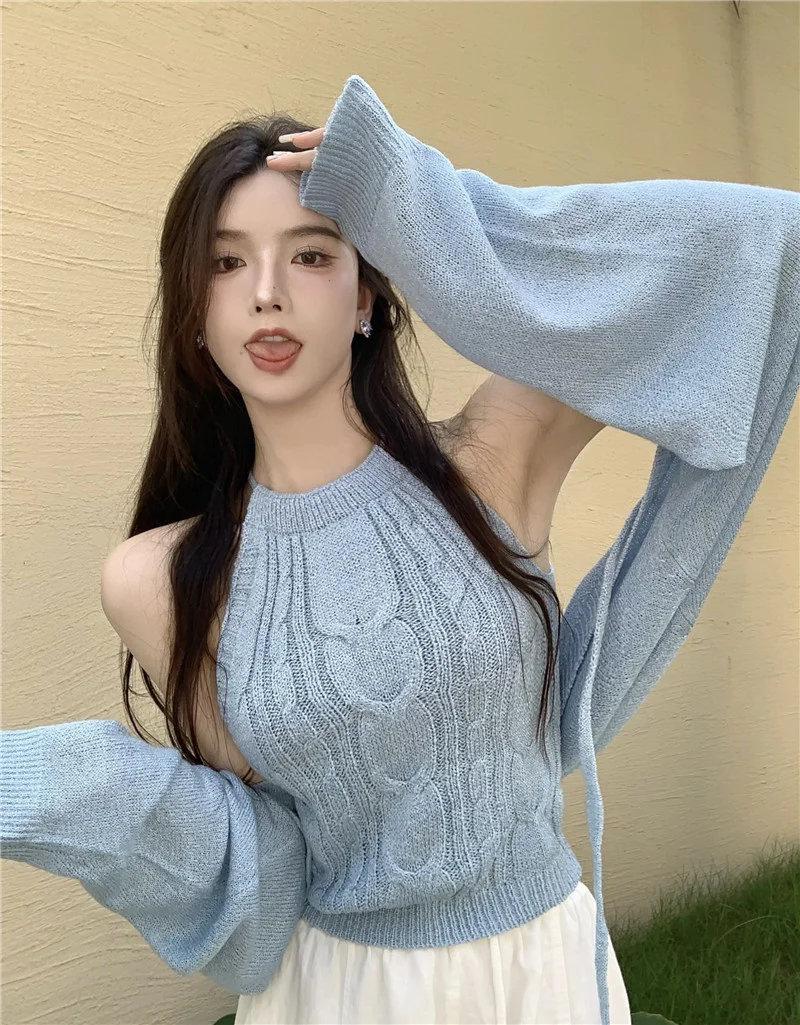 

Светильник-голубой вязаный кардиган с защитой от солнца, осенняя верхняя короткая рубашка, чистый Desire Halter, комплект из двух предметов на бре...