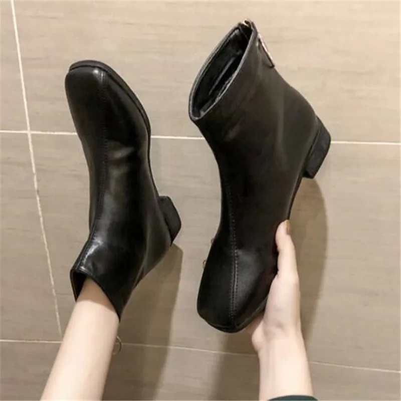

Autumn Winter Fashion Leather booties Women New Square head wild short boots female Shallow mouth thick with shoes Low heel bare