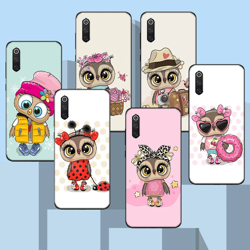 

Cute Owl Hearts Lover Black Phone Case For Xiaomi Redmi Note 10 Pro 10S 9S 8T 7 8 9 9A 9C 9T 8A 7A 6A 5 6 Cover Capa Colorfu