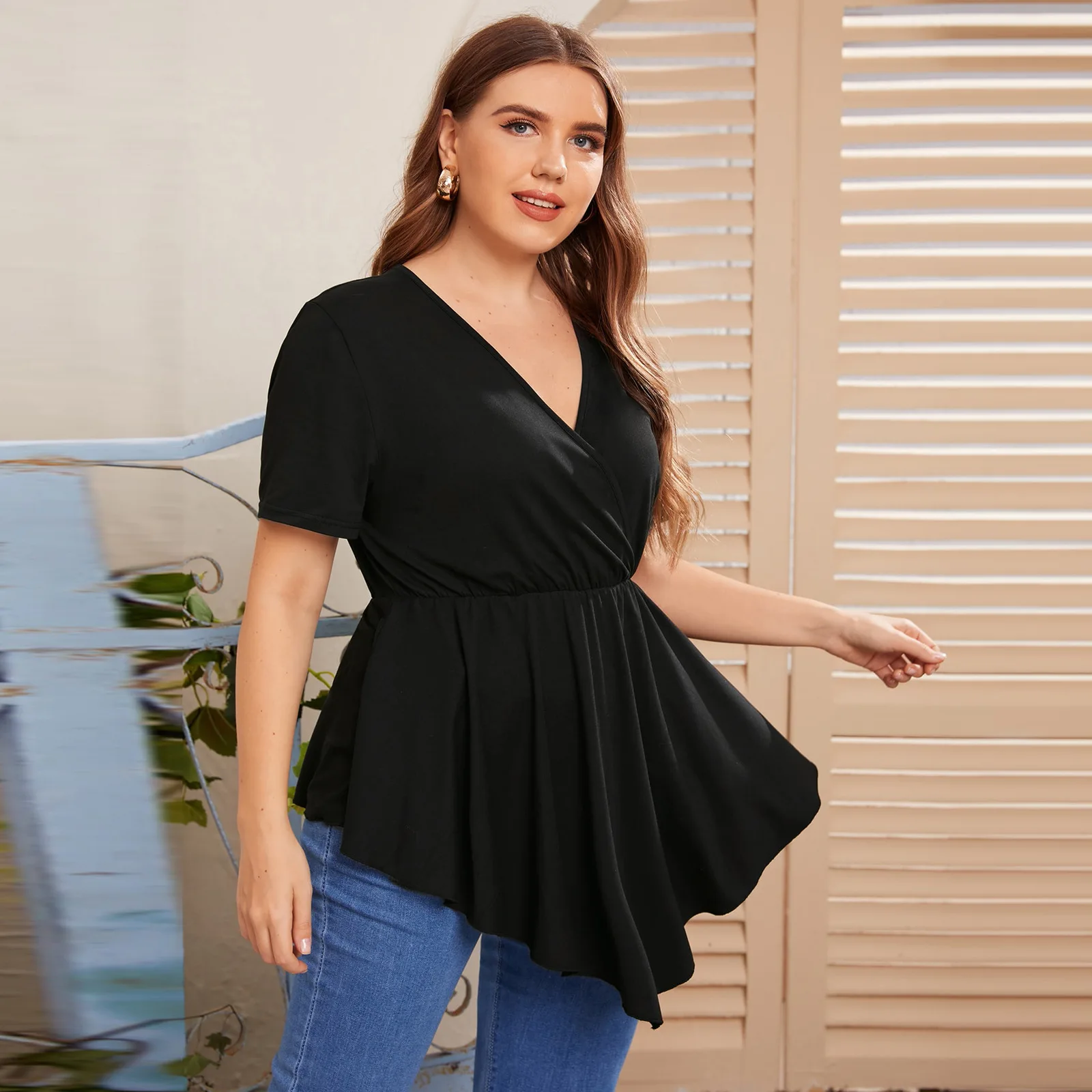 Plus Size Women's Tunic 2021 Summer Clothing Basic Casual Solid V-Neck Pleated Short Sleeve Blouses Femme Black Tops XL-5XL