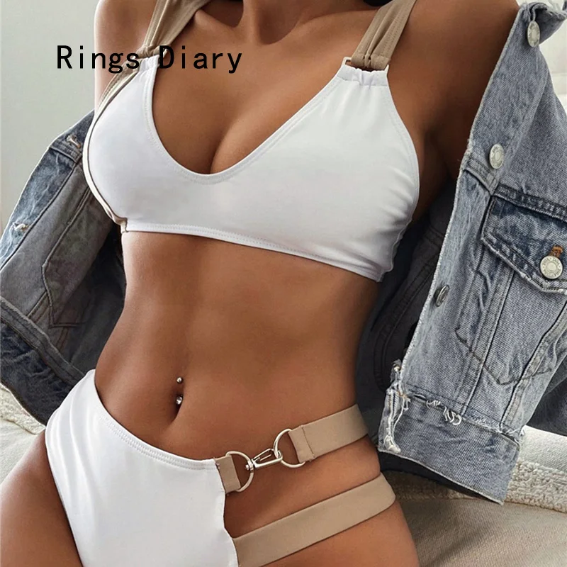

Rings Diary Solid Color Fission Metal Buckle Women's Swimsuit Hollow Out High-Waist Sexy Bikini Sandbeach Holiday Swimwear