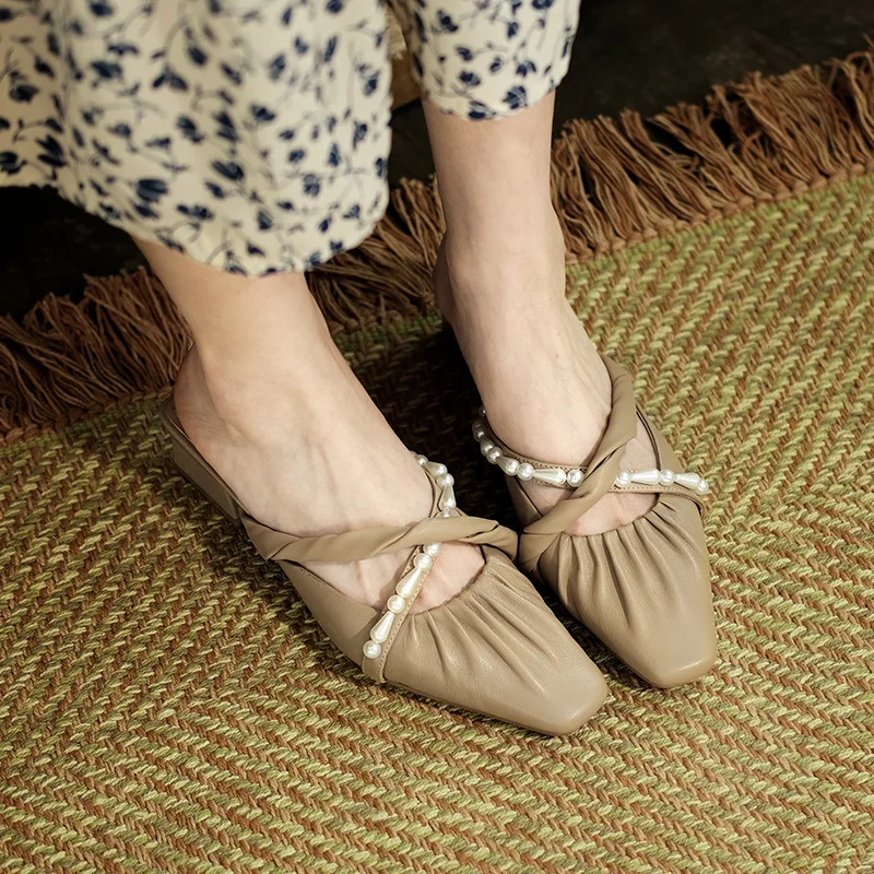 

Shoes Low String Bead Ladies' Slippers Square Toe Slipers Women 2021 Slides Fabric Hoof Heels Basic Rome Retro Rubber PU
