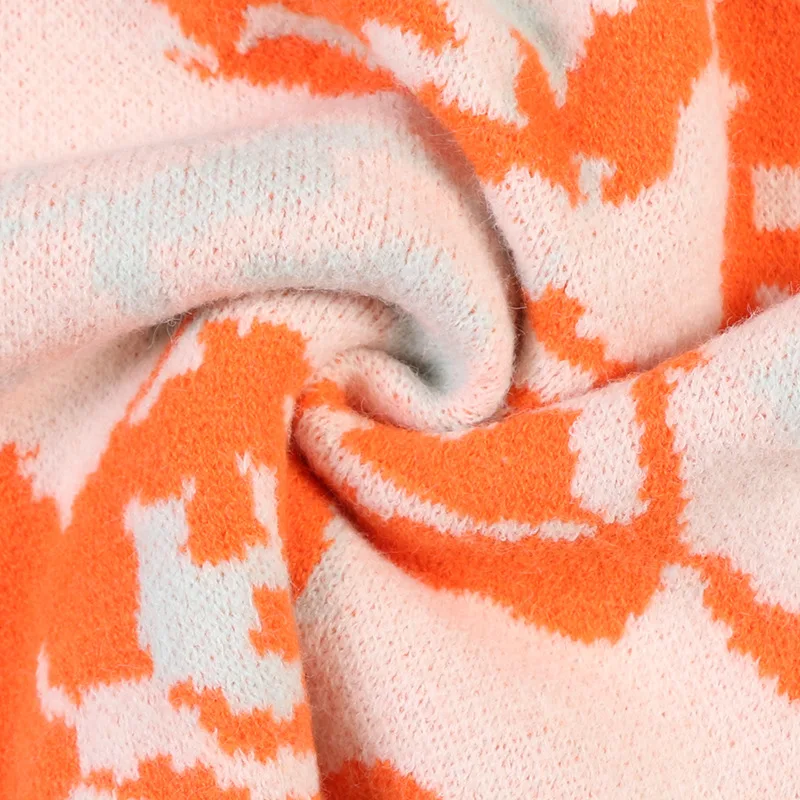 

Orange Jacquard Knitted Cardigan 2020 Fall Winter Oversized Cardigan Women V-Neck Single Breasted Zipper Pocket Vintage Cardigan