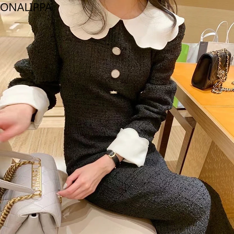 

Женское элегантное твидовое платье Onalippa во французском стиле с воротником-куклой и контрастной строчкой, с тремя пуговицами и длинным рука...