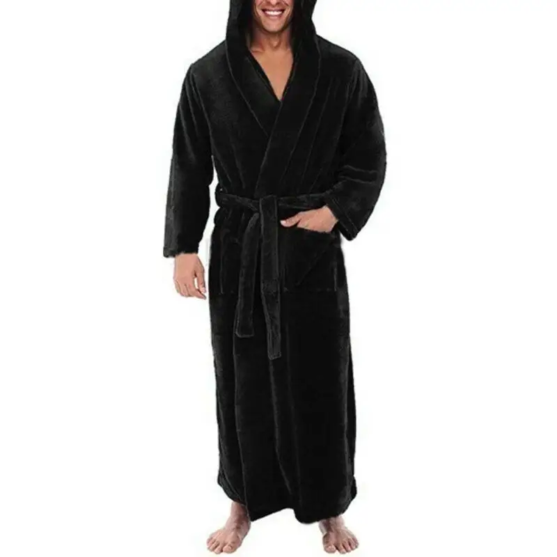 

Men Luxury Long Bath Robe Dressing Gown Hooded Lace Up Bathrobe Warm Sleepwear