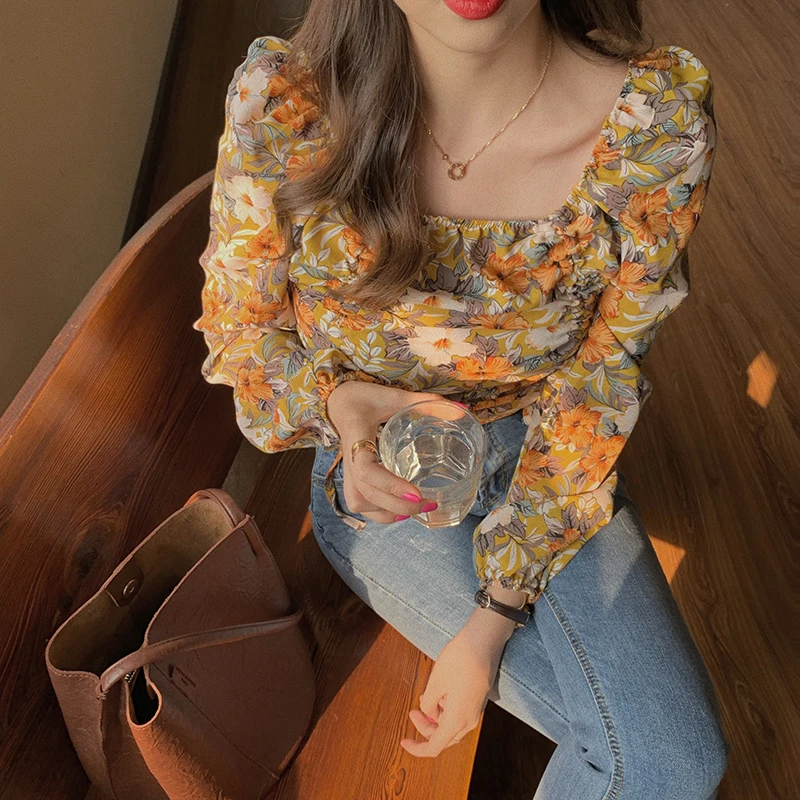 

square collar floral womens tops and blouses prairie chic korean fashion brands crop top autumn style blusas mujer de moda new
