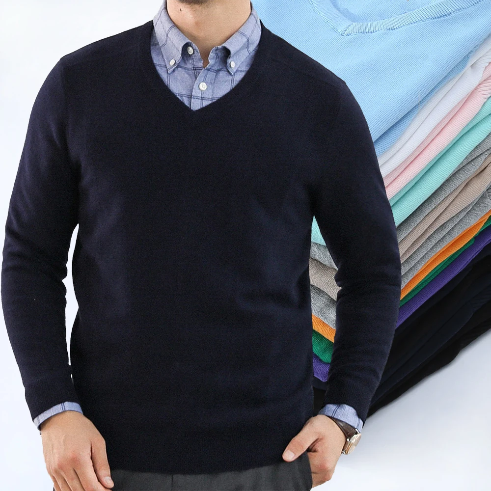 Мужской вязаный свитер с длинным рукавом брендовый Однотонный из 100% хлопка