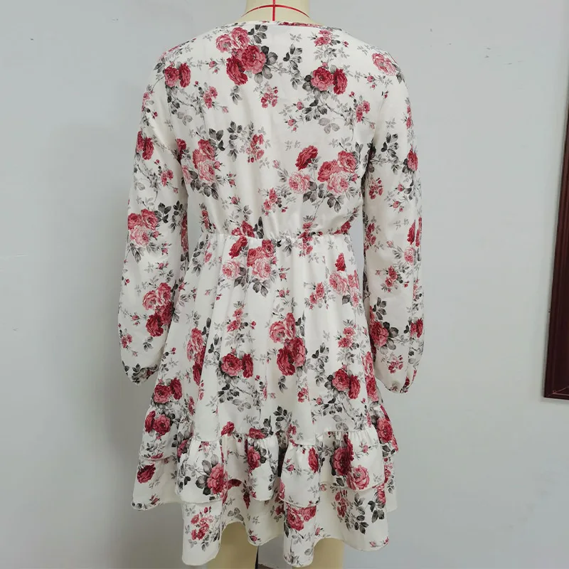 

New Lace V-neck Floral Print Women Dress Long Sleeve Elastic Waist Female A-line Dresses 2021 Lady Sweet Ruffled Vestido Summer