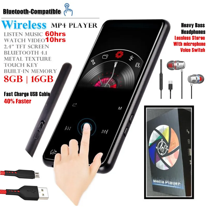 2.4" Wireless Bluetooth-Compatible HiFi HD MP3/4 Player,Loss