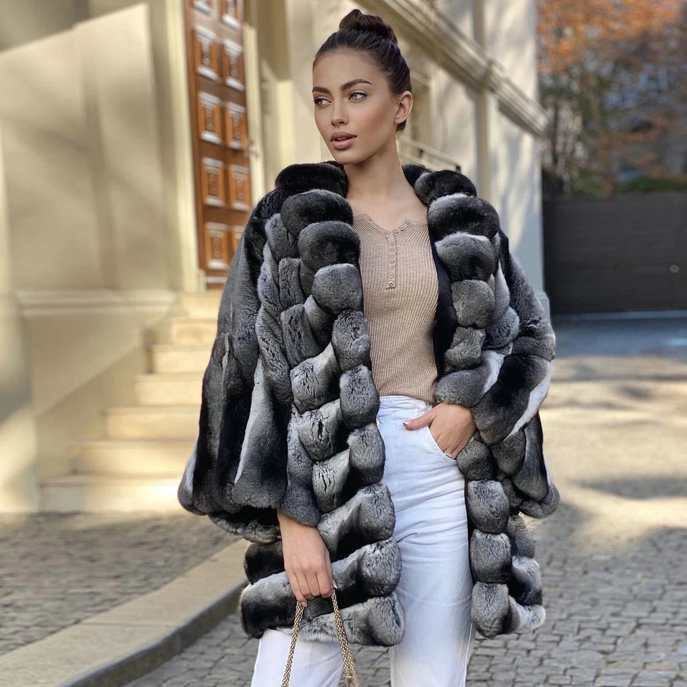 Medium Length Natural Rex Rabbit Fur Coat with Turn-down Collar 2022 New Trendy Winter Fashion Natural Rex Rabbit Fur Jackets