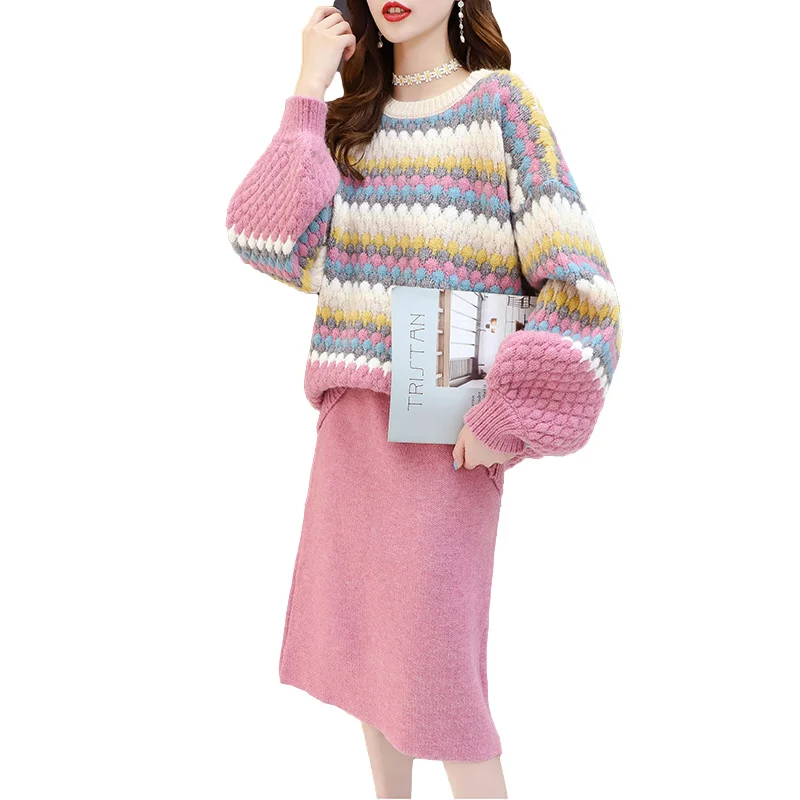 Женский вязаный комплект из 2 предметов, Свободный Повседневный джемпер в полоску розового и голубого цвета, пуловер, свитер и юбка, Модная т...